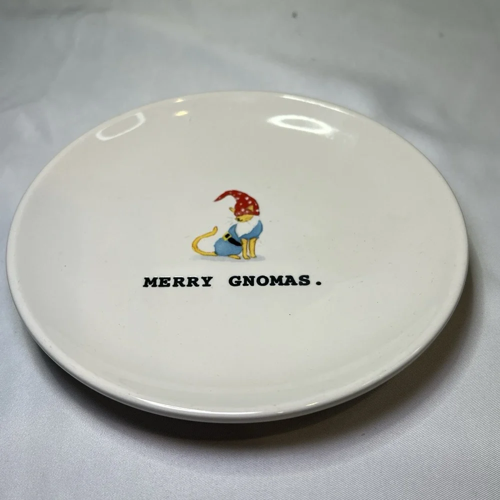 Rae Dunn Ceramic Dessert Plate MERRY GNOMAS Cat 6